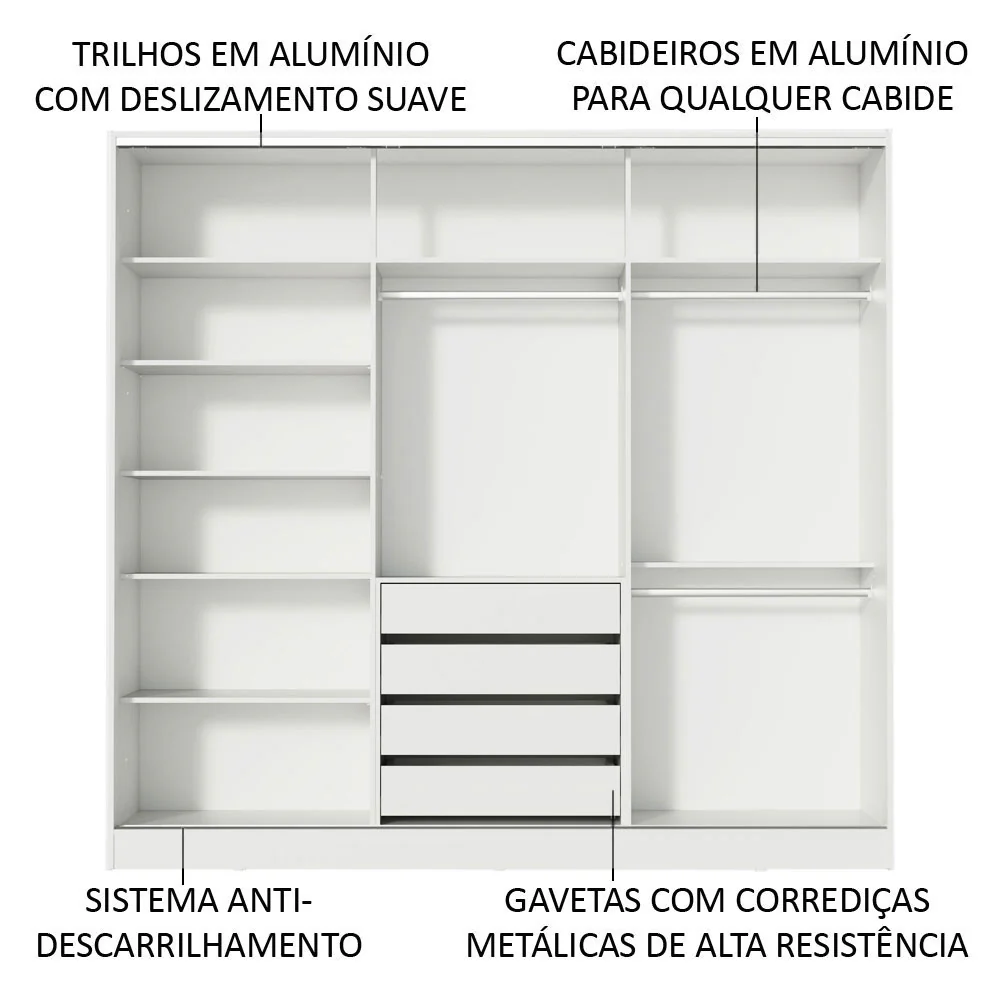 Guarda-Roupa Casal 100% MDF Madesa Royale 3 Portas de Correr Branco/Branco/Preto - Image 5