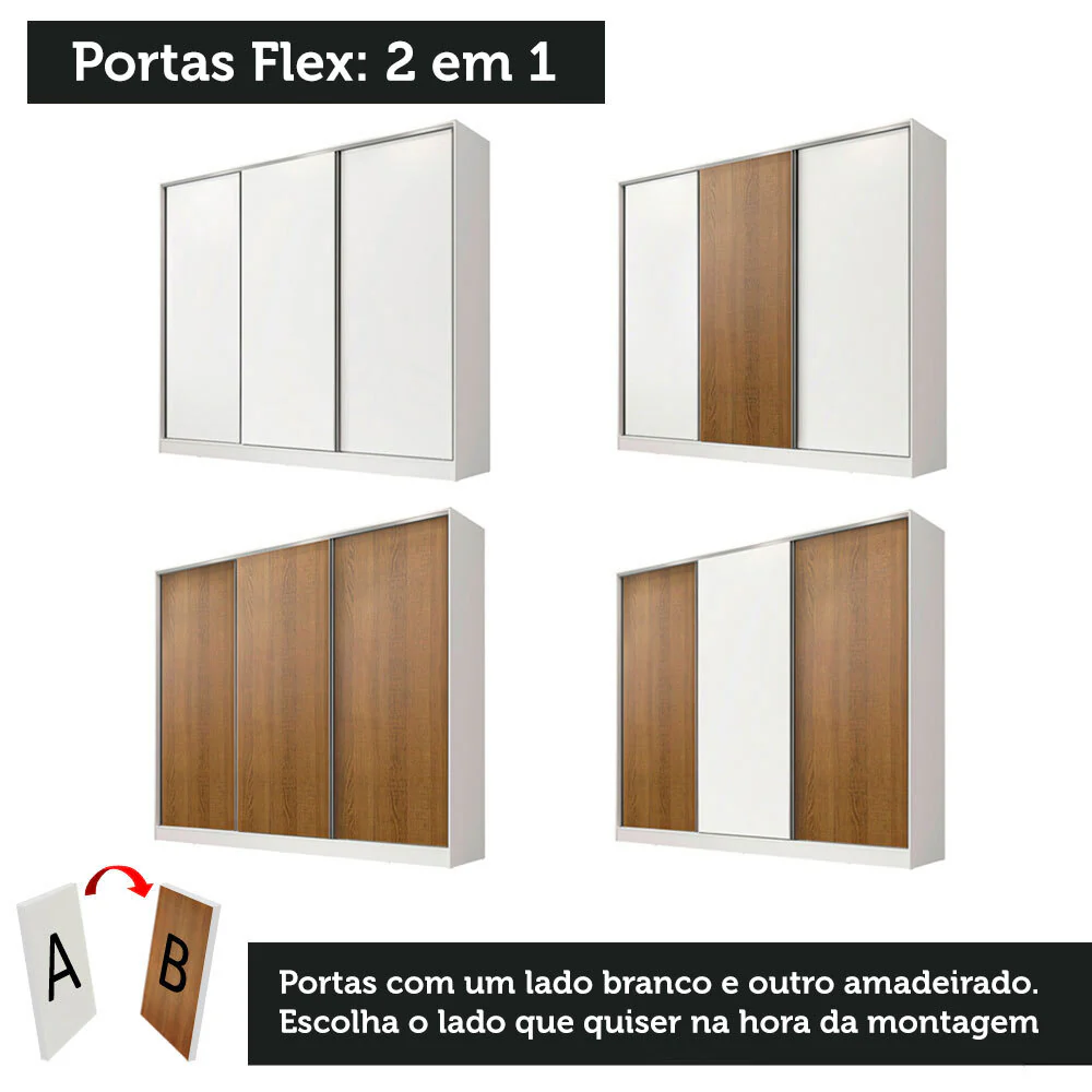 Guarda-Roupa Casal 100% MDF Madesa Royale 3 Portas de Correr Branco/Branco/Rustic - Image 10
