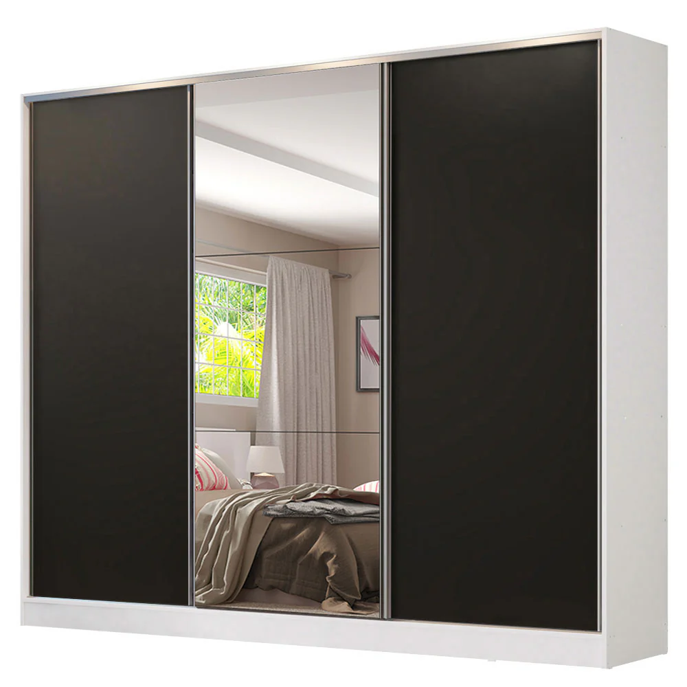 Guarda-Roupa Casal 100% MDF Madesa Royale 3 Portas de Correr com Espelho Branco/Preto - Image 2