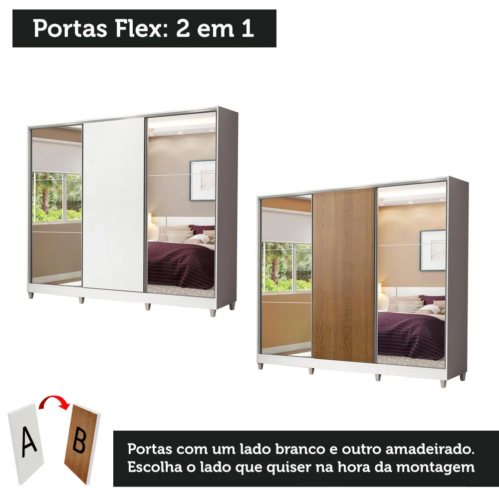 Guarda-Roupa Casal 100% MDF Madesa Royale 3 Portas de Correr com Espelhos com Pés Branco - Image 10