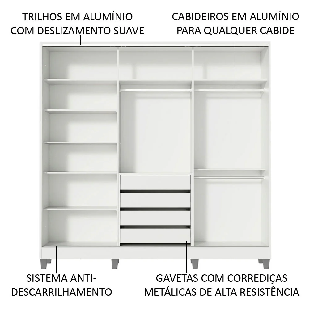 Guarda-Roupa Casal 100% MDF Madesa Royale 3 Portas de Correr com Espelhos com Pés Branco - Image 5
