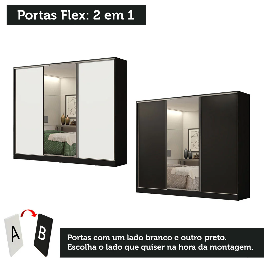 Guarda-Roupa Casal 100% MDF Madesa Royale 3 Portas de Correr com Espelho Preto/Branco - Image 10