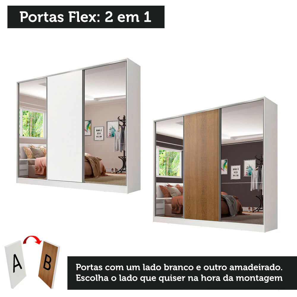 Guarda-Roupa Casal 100% MDF Madesa Royale 3 Portas de Correr com Espelhos Branco - Image 10