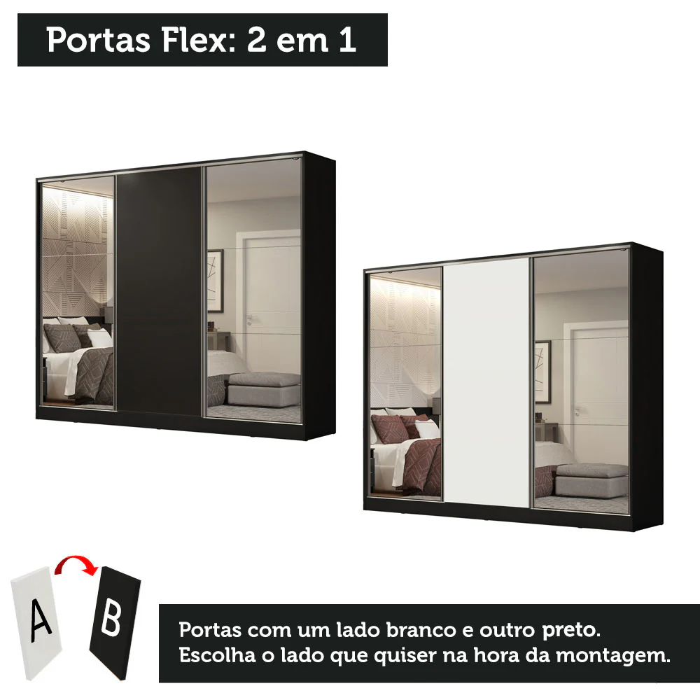 Guarda-Roupa Casal 100% MDF Madesa Royale 3 Portas de Correr com Espelhos Preto - Image 10