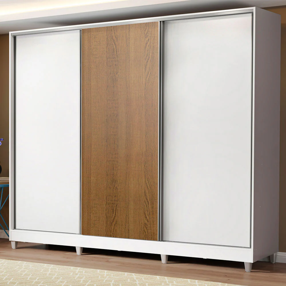 Guarda-Roupa Casal 100% MDF Madesa Royale 3 Portas de Correr com Pés Branco/Branco/Rustic