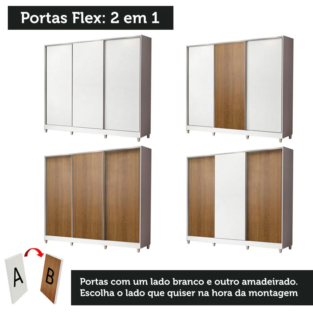 Guarda-Roupa Casal 100% MDF Madesa Royale 3 Portas de Correr com Pés Branco/Branco/Rustic - Image 10