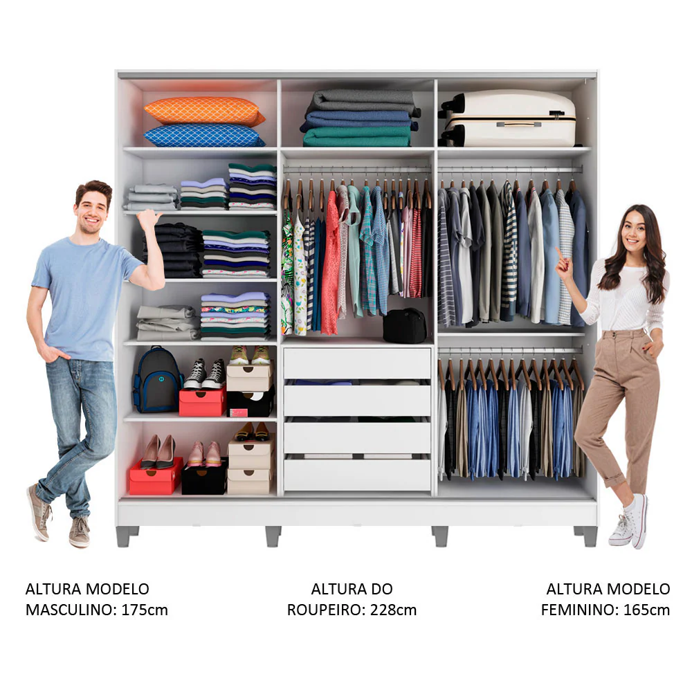 Guarda-Roupa Casal 100% MDF Madesa Royale 3 Portas de Correr com Pés Branco/Branco/Rustic - Image 4