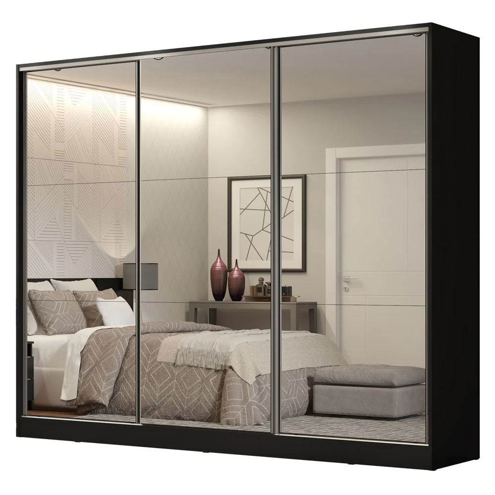 Guarda-Roupa Casal 100% MDF 3 Portas de Correr de Espelho Preto Madesa Royale - Image 2