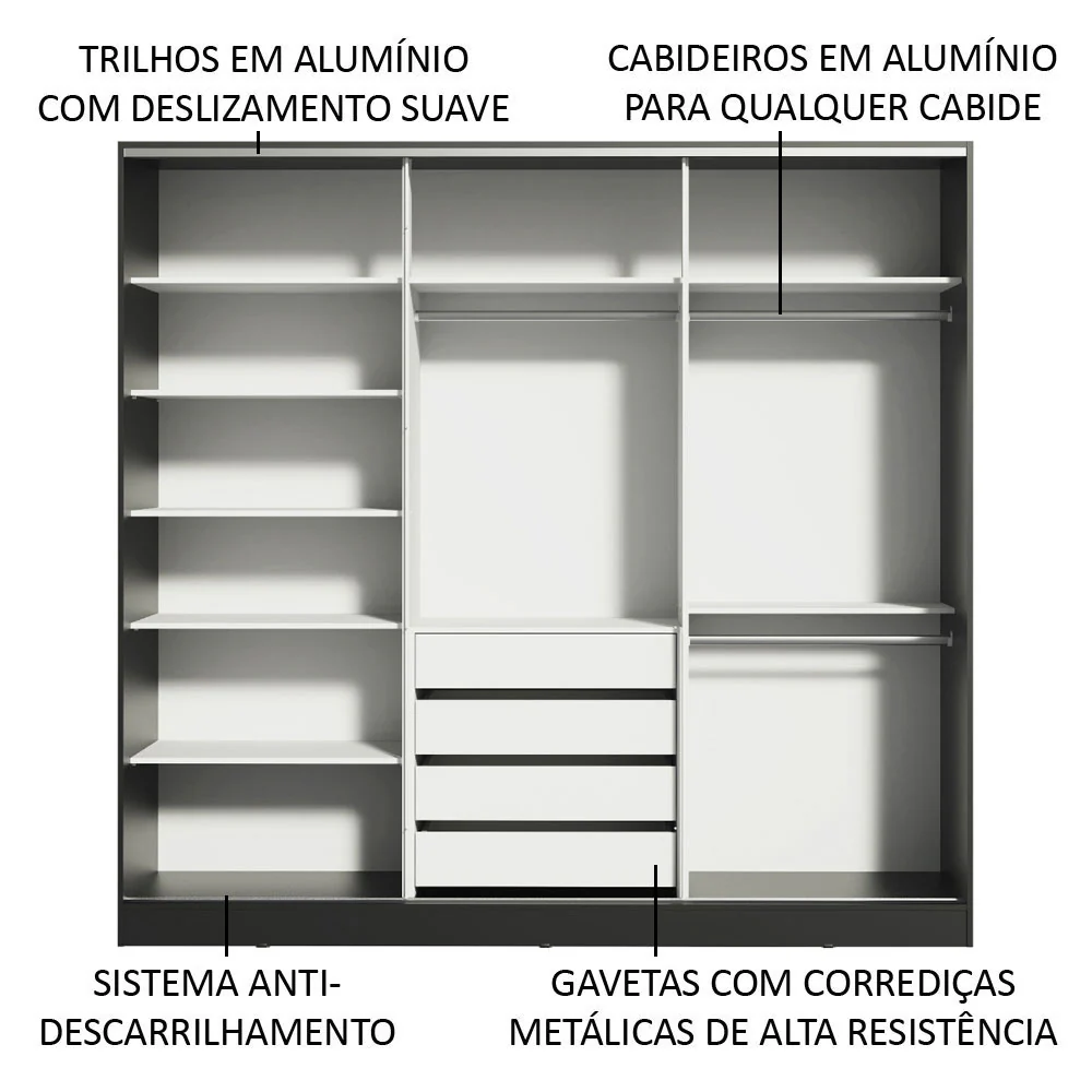 Guarda-Roupa Casal 100% MDF Madesa Royale 3 Portas de Correr Preto - Image 5