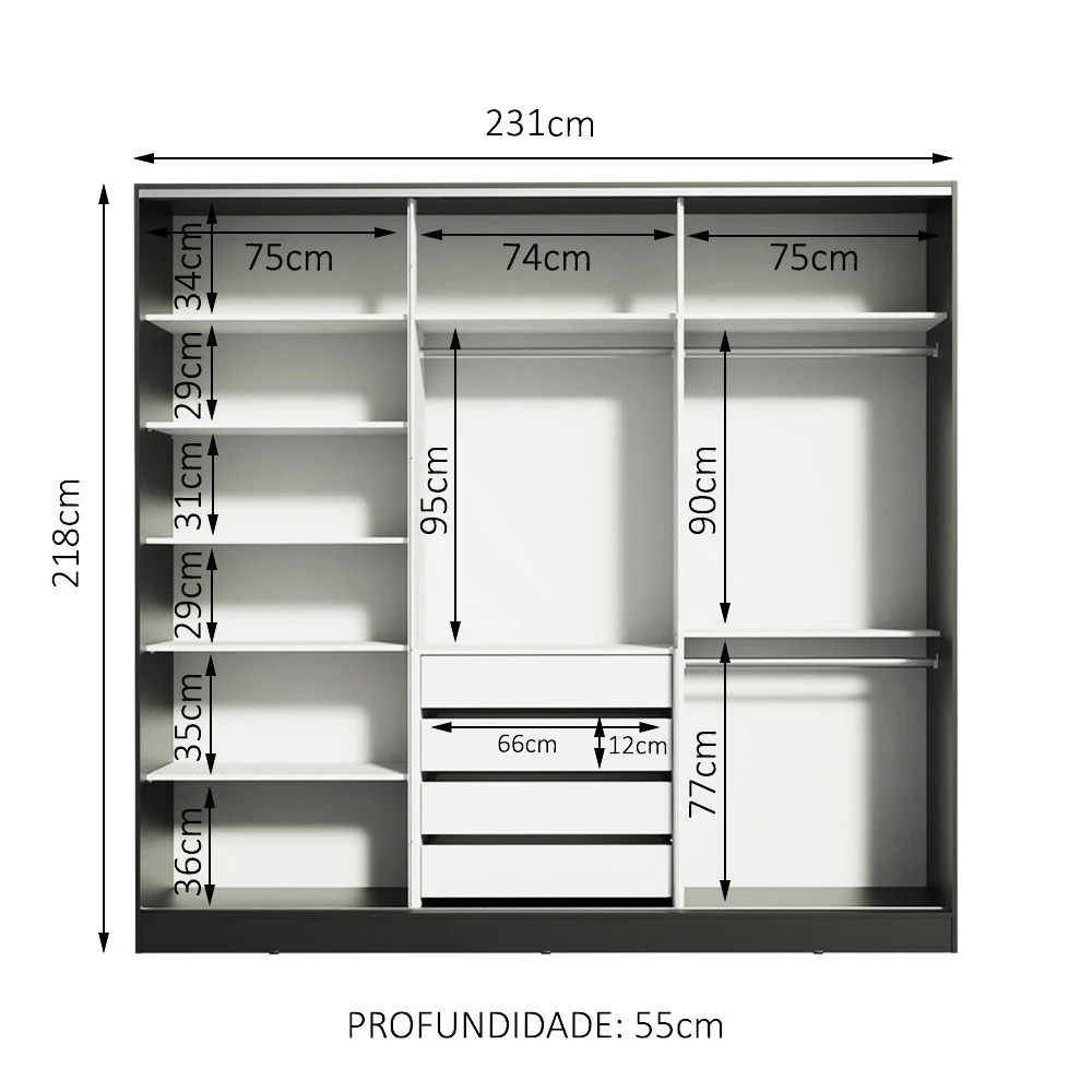 Guarda-Roupa Casal 100% MDF Madesa Royale 3 Portas de Correr Preto/Branco - Image 11