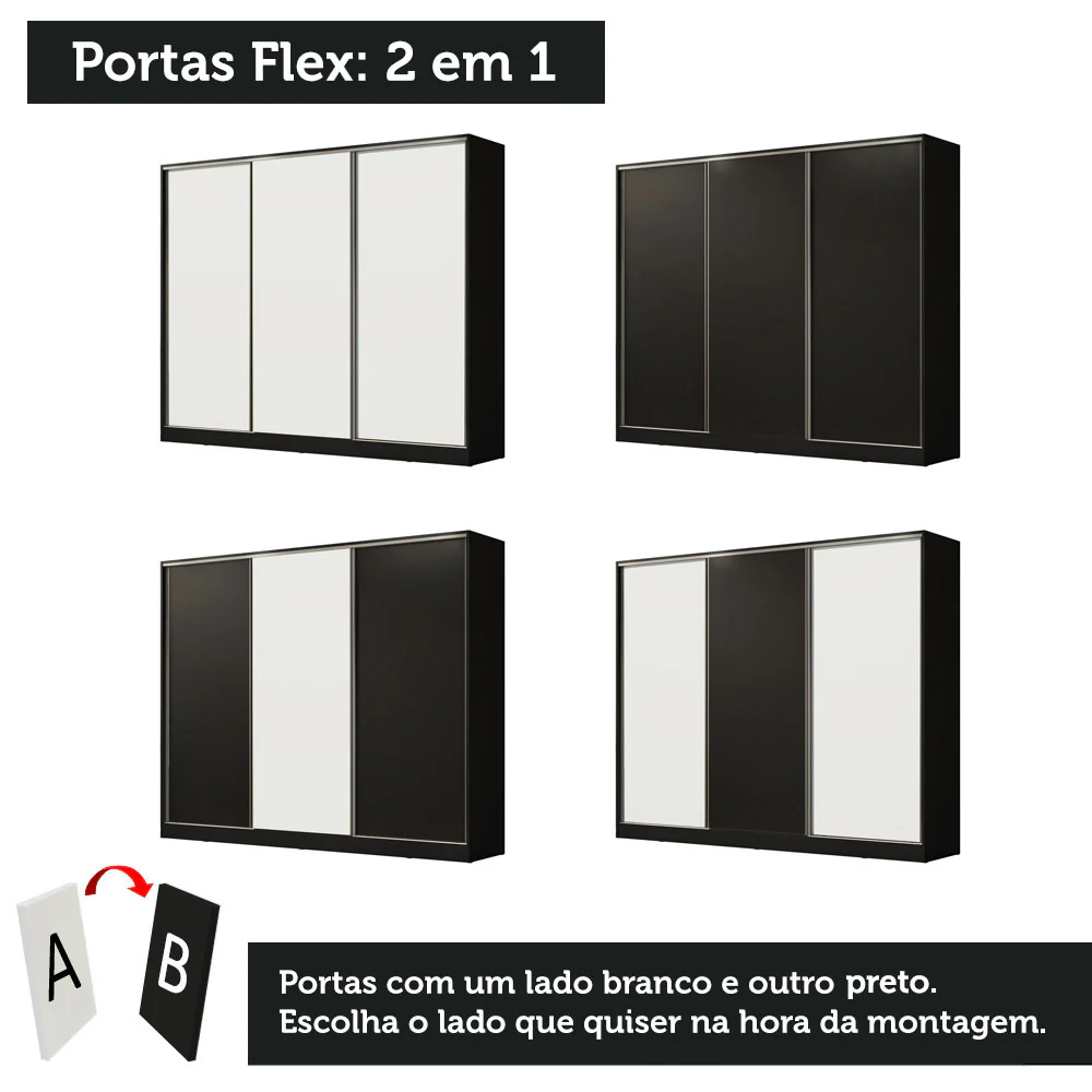 Guarda-Roupa Casal 100% MDF Madesa Royale 3 Portas de Correr Preto/Branco/Preto - Image 10