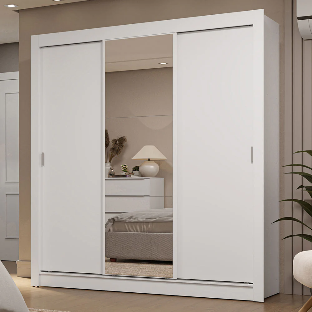 Guarda-Roupa Casal 3 Portas de Correr com Espelho 2 Gavetas Branco Sublime Madesa
