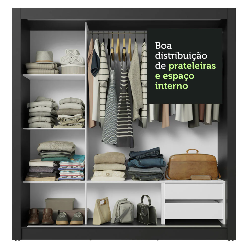 Guarda-Roupa Casal 3 Portas de Correr com Espelho 2 Gavetas Preto/Rustic Sublime Madesa - Image 8