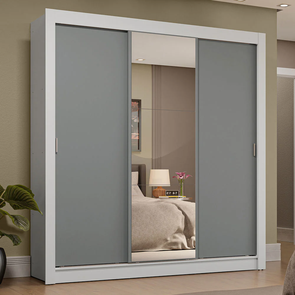 Guarda-Roupa Casal 3 Portas de Correr com Espelho 4 Gavetas Branco/Cinza Sublime Plus Madesa