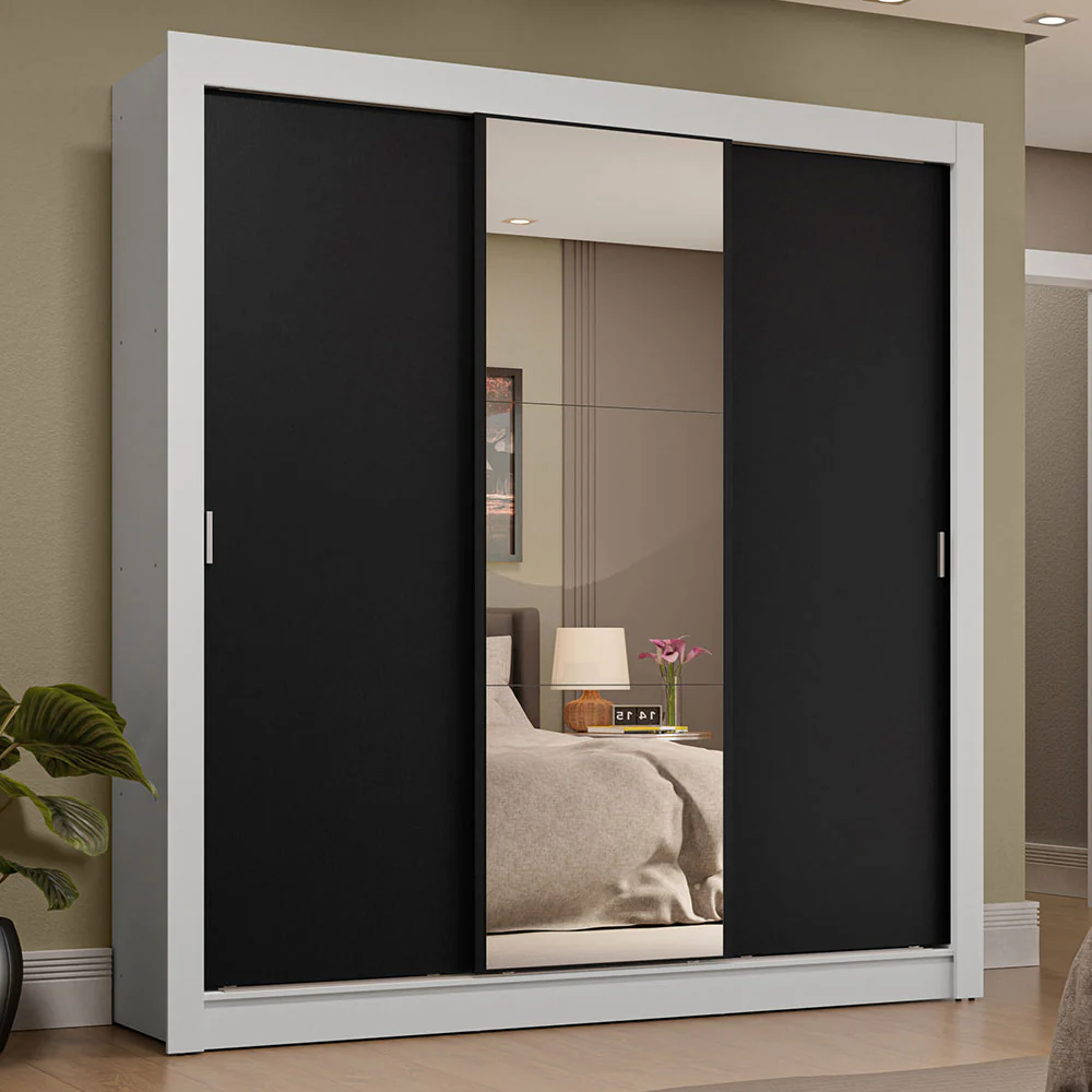 Guarda-Roupa Casal 3 Portas de Correr com Espelho 4 Gavetas Branco/Preto Sublime Plus Madesa