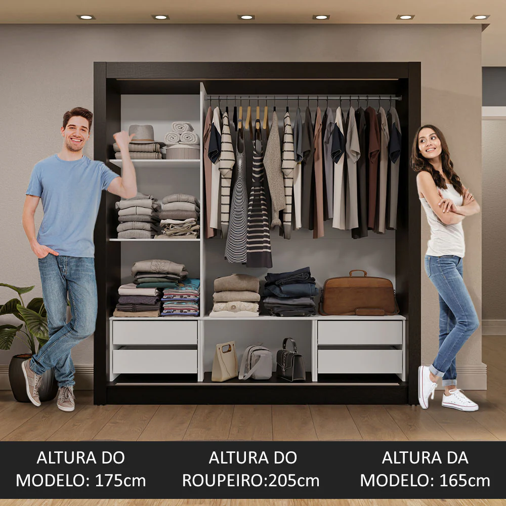 Guarda-Roupa Casal 3 Portas de Correr com Espelho 4 Gavetas Preto/Branco Sublime Plus Madesa - Image 5