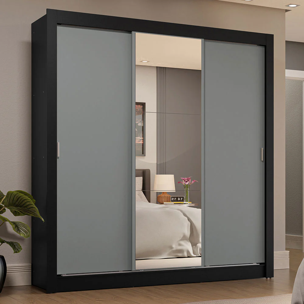 Guarda-Roupa Casal 3 Portas de Correr com Espelho 4 Gavetas Preto/Cinza Sublime Plus Madesa