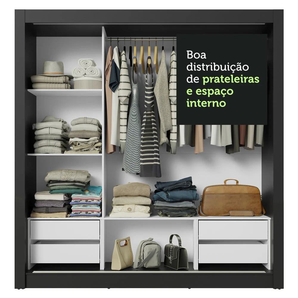 Guarda-Roupa Casal 3 Portas de Correr com Espelho 4 Gavetas Preto/Rustic Sublime Plus Madesa - Image 8