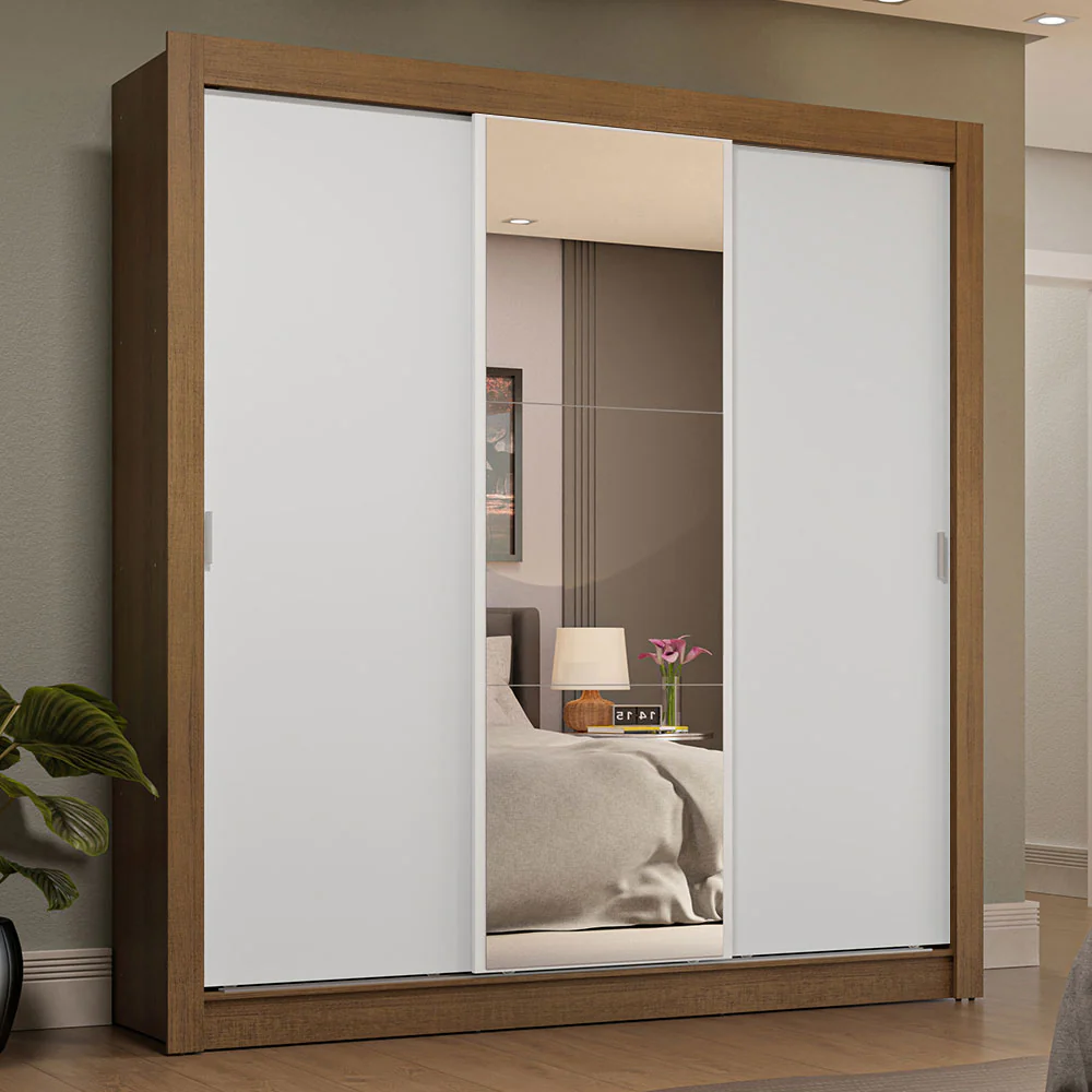 Guarda-Roupa Casal 3 Portas de Correr com Espelho 4 Gavetas Rustic/Branco Sublime Plus Madesa