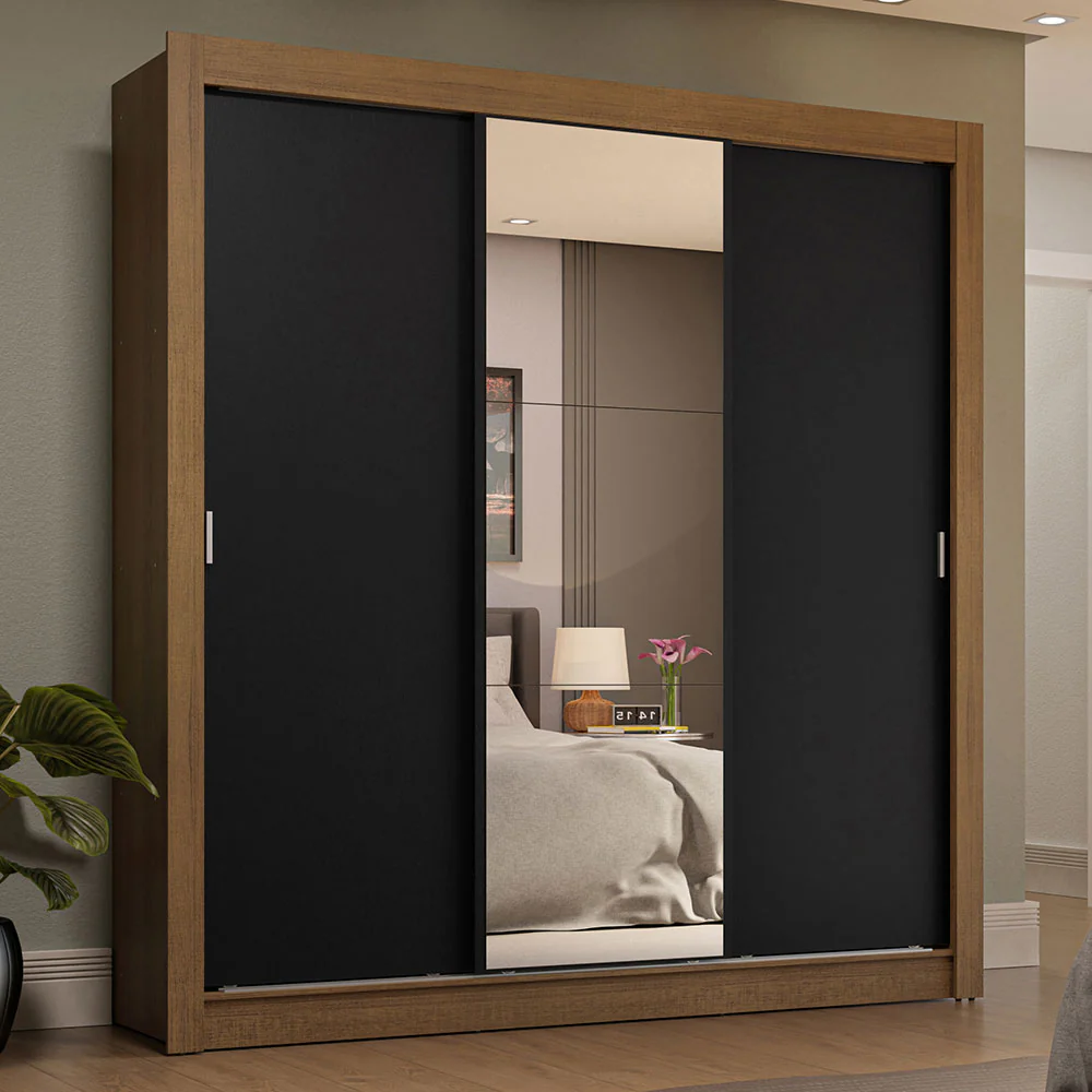 Guarda-Roupa Casal 3 Portas de Correr com Espelho 4 Gavetas Rustic/Preto Sublime Plus Madesa