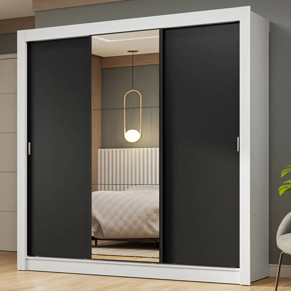 Guarda-Roupa Casal 3 Portas de Correr com Espelho Branco/Preto Nobre Madesa