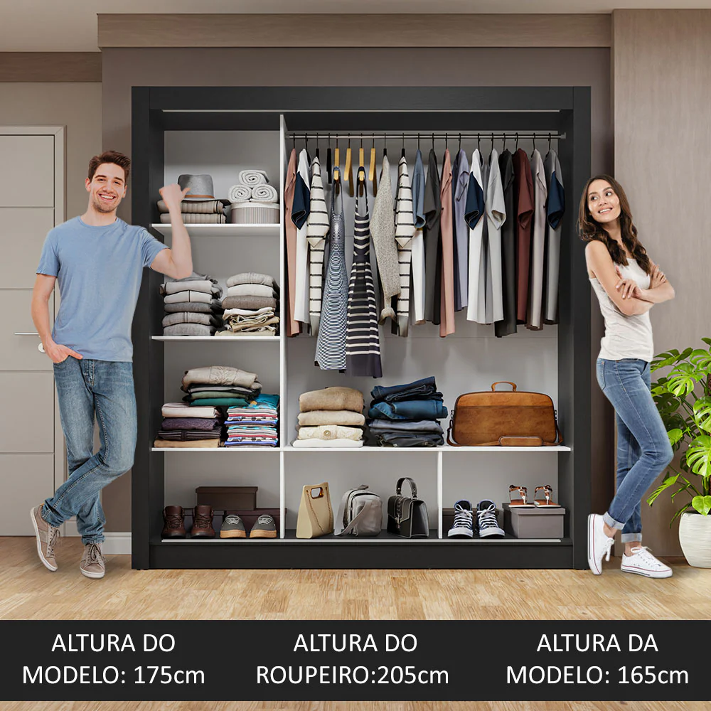 Guarda-Roupa Casal 3 Portas de Correr com Espelho Preto/Branco Nobre Madesa - Image 5