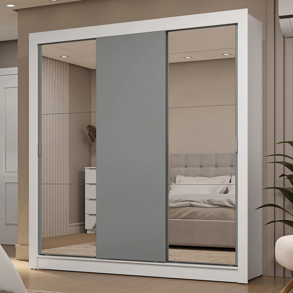 Guarda-Roupa Casal 3 Portas de Correr com Espelhos 2 Gavetas Branco/Cinza Sublime Madesa