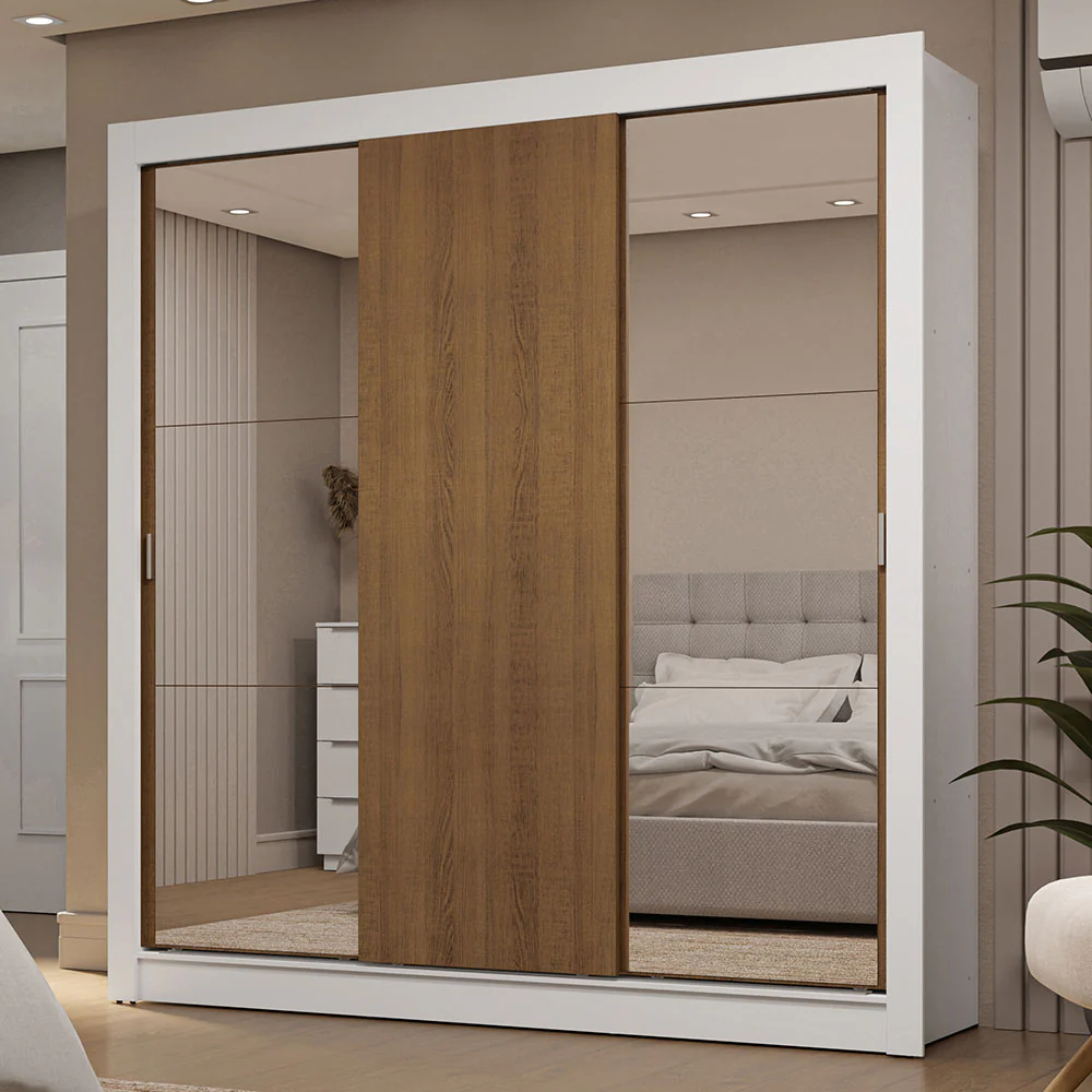 Guarda-Roupa Casal 3 Portas de Correr com Espelhos 2 Gavetas Branco/Rustic Sublime Madesa