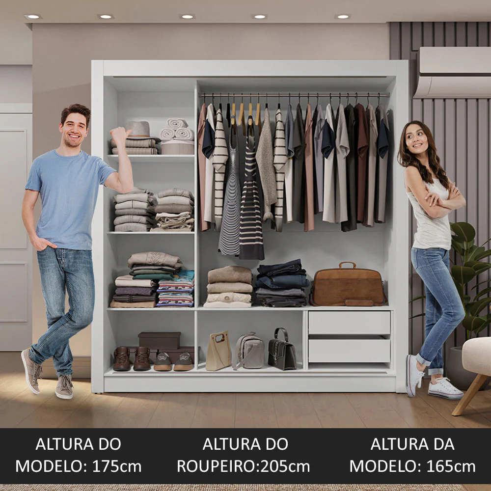 Guarda-Roupa Casal 3 Portas de Correr com Espelhos 2 Gavetas Branco/Rustic Sublime Madesa - Image 5