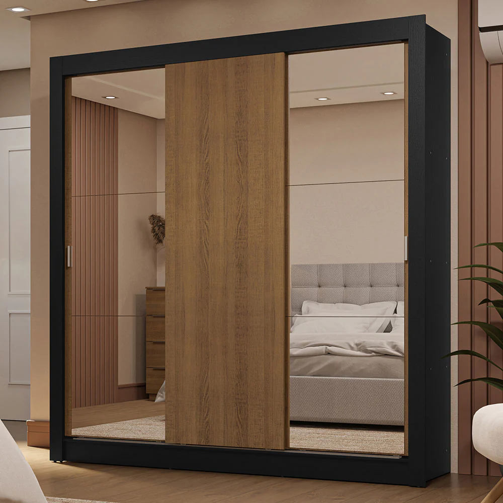 Guarda-Roupa Casal 3 Portas de Correr com Espelhos 2 Gavetas Preto/Rustic Sublime Madesa