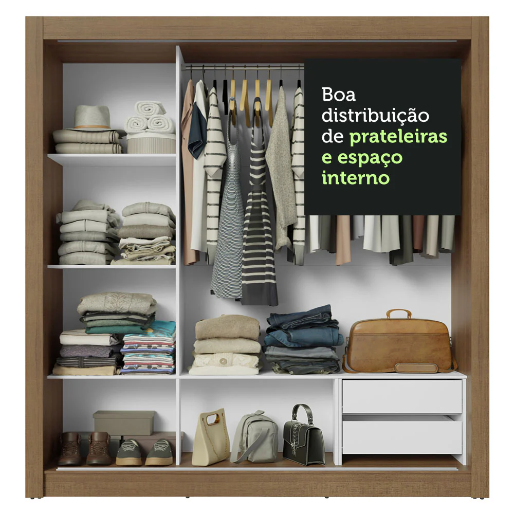 Guarda-Roupa Casal 3 Portas de Correr com Espelhos 2 Gavetas Rustic/Branco Sublime Madesa - Image 8