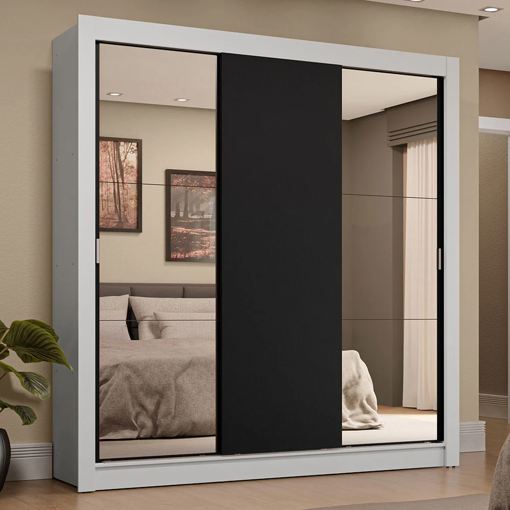 Guarda-Roupa Casal 3 Portas de Correr com Espelhos 4 Gavetas Branco/Preto Sublime Plus Madesa