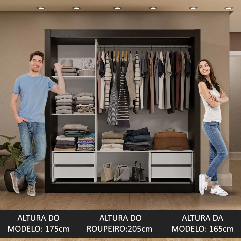 Guarda-Roupa Casal 3 Portas de Correr com Espelhos 4 Gavetas Preto Sublime Plus Madesa - Image 5