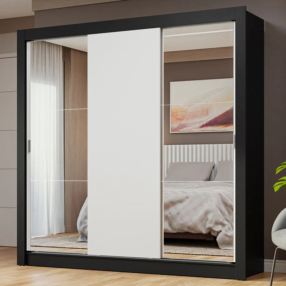 Guarda-Roupa Casal 3 Portas de Correr com Espelhos Preto/Branco Nobre Madesa