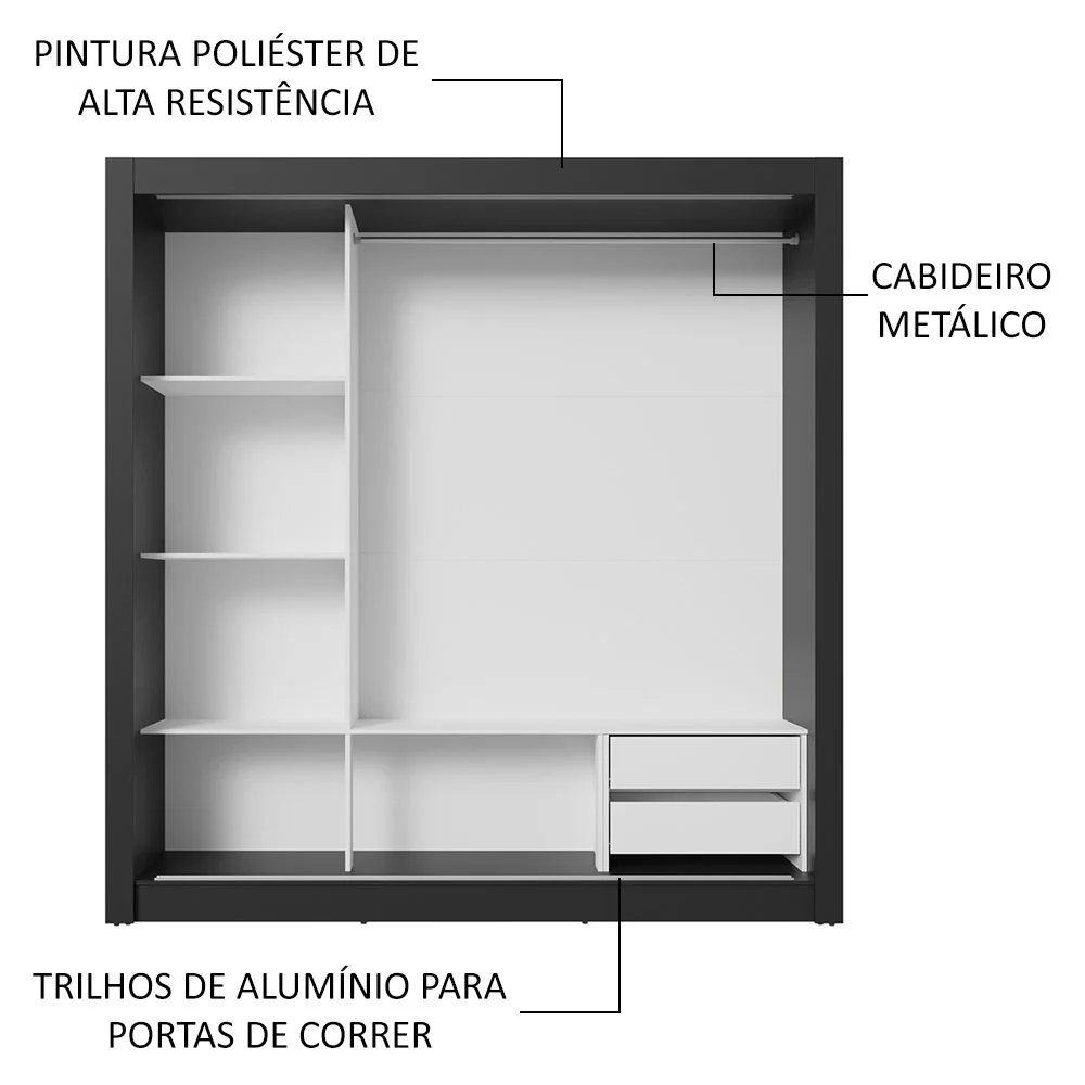 Guarda-Roupa Casal 3 Portas de Correr de Espelho 2 Gavetas Preto Sublime Madesa - Image 6