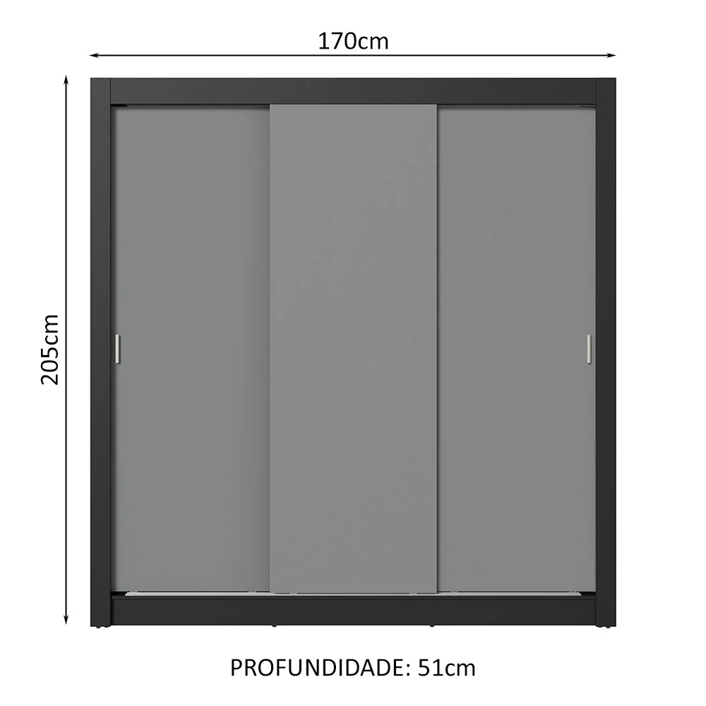 Guarda-Roupa Casal 3 Portas de Correr Preto/Cinza Nobre Madesa - Image 3