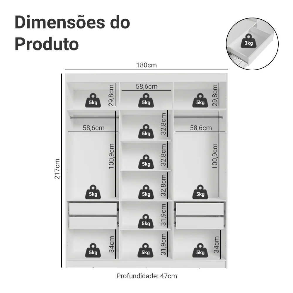 Guarda-Roupa Casal 6 Portas Batentes com Espelho Branco/Branco/Rustic Venus Madesa - Image 3
