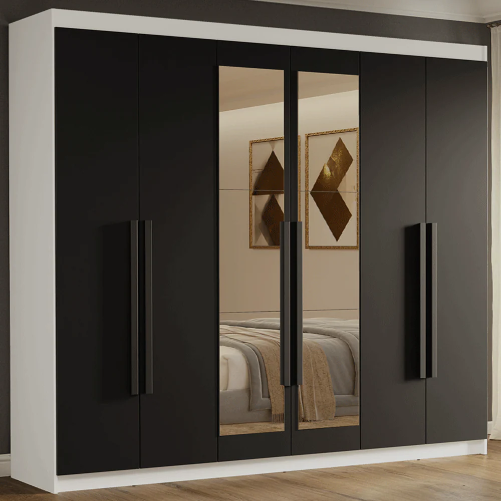 Guarda-Roupa Casal 6 Portas Batentes com Espelho Branco/Preto/Preto Venus Madesa