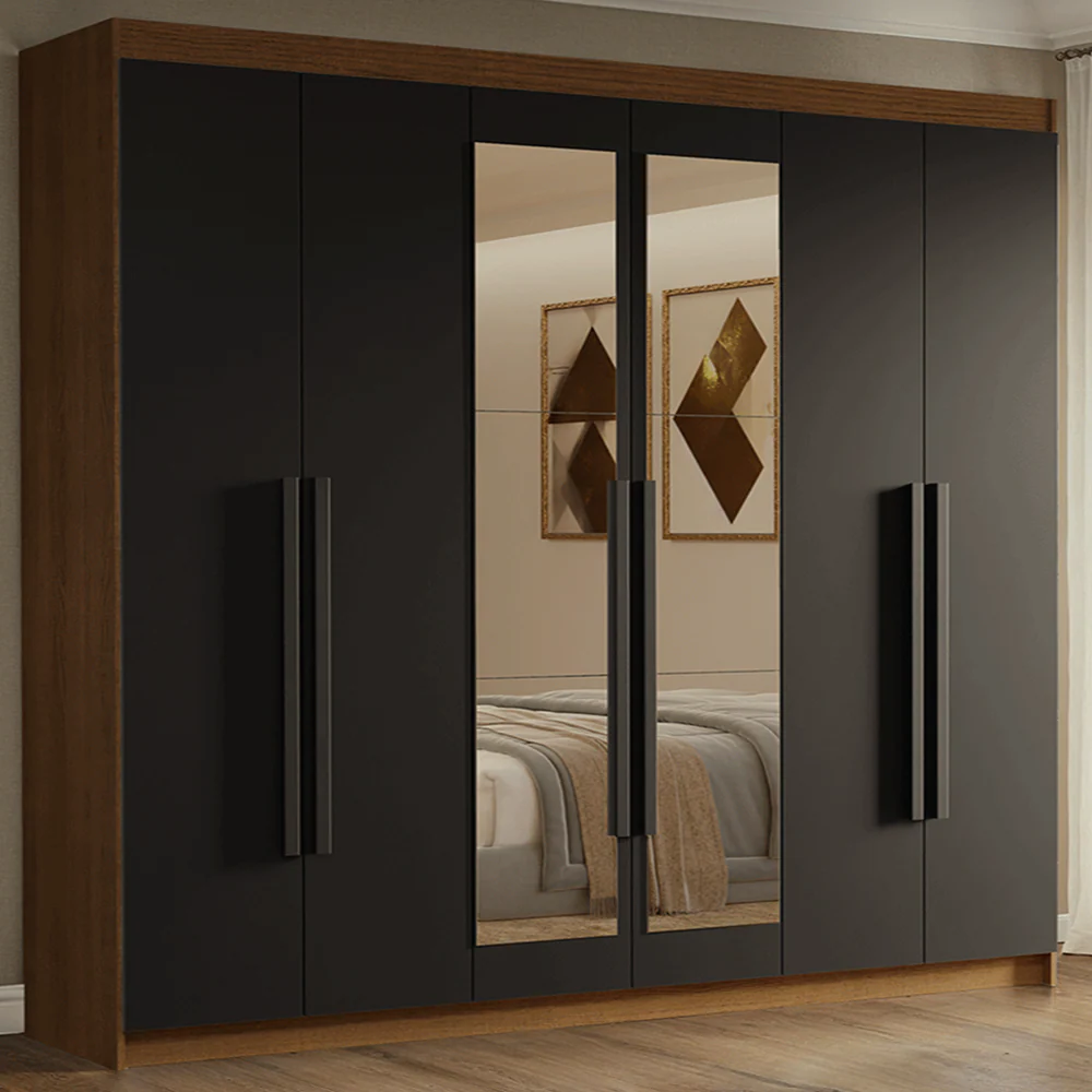 Guarda-Roupa Casal 6 Portas Batentes com Espelho Rustic/Preto/Preto Venus Madesa