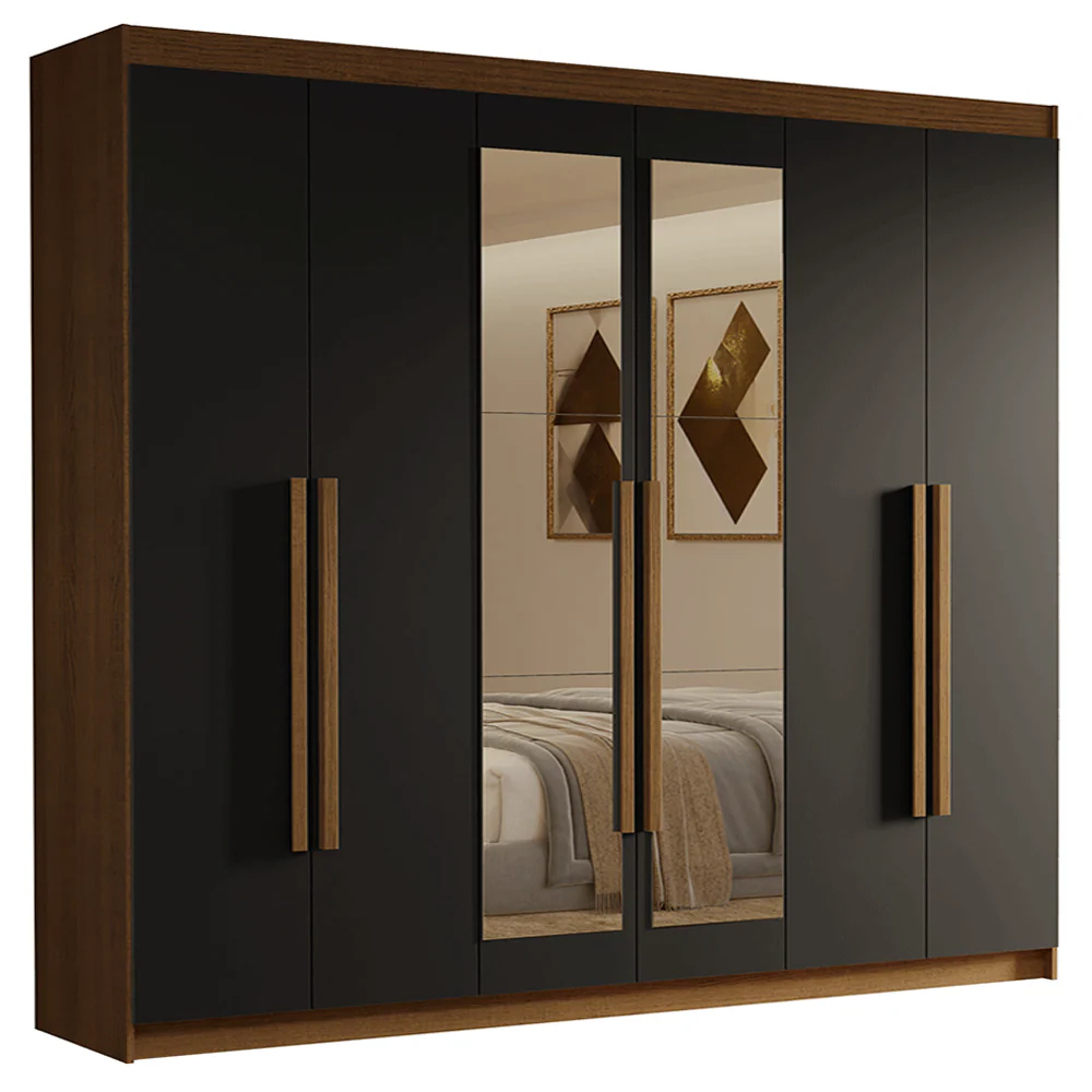 Guarda-Roupa Casal 6 Portas Batentes com Espelho Rustic/Preto/Rustic Venus Madesa - Image 2