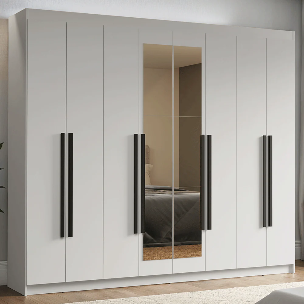 Guarda-Roupa Casal 8 Portas Batentes com Espelho Branco/Branco/Preto Venus Madesa