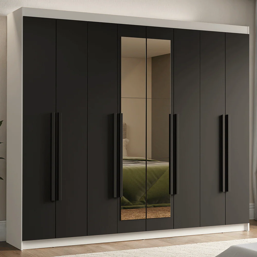Guarda-Roupa Casal 8 Portas Batentes com Espelho Branco/Preto/Preto Venus Madesa