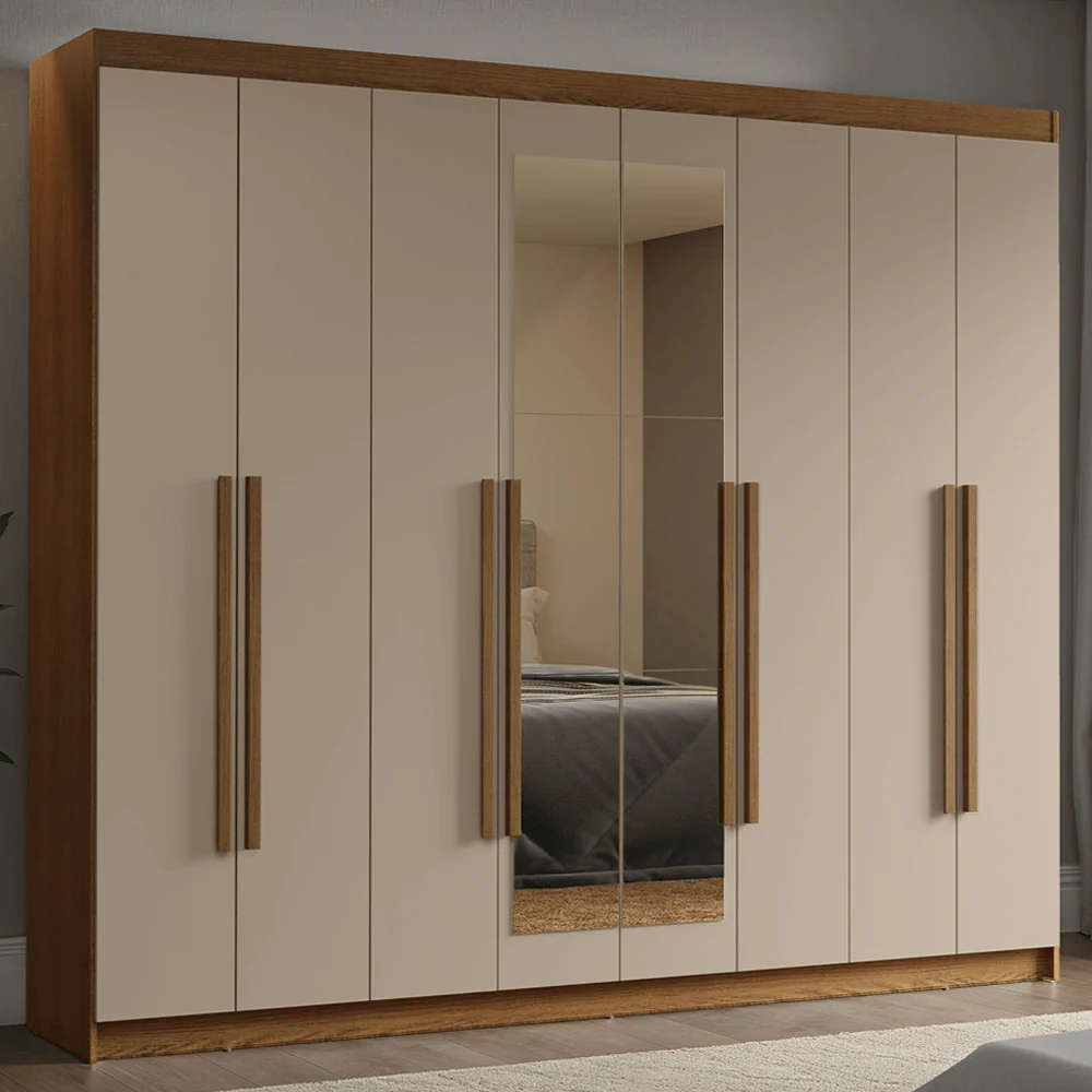 Guarda-Roupa Casal 8 Portas Batentes com Espelho Rustic/Crema/Rustic Venus Madesa