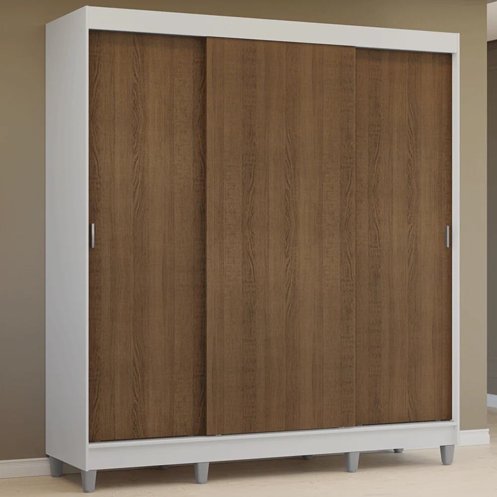 Guarda-Roupa Casal com Pés 3 Portas de Correr Branco/Rustic Reno Madesa