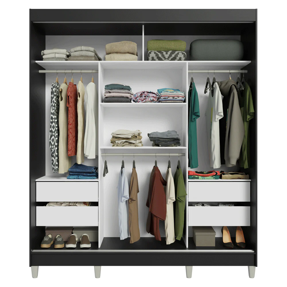 Guarda-Roupa Casal com Pés 3 Portas de Correr com Espelho Preto/Rustic Reno Madesa - Image 7