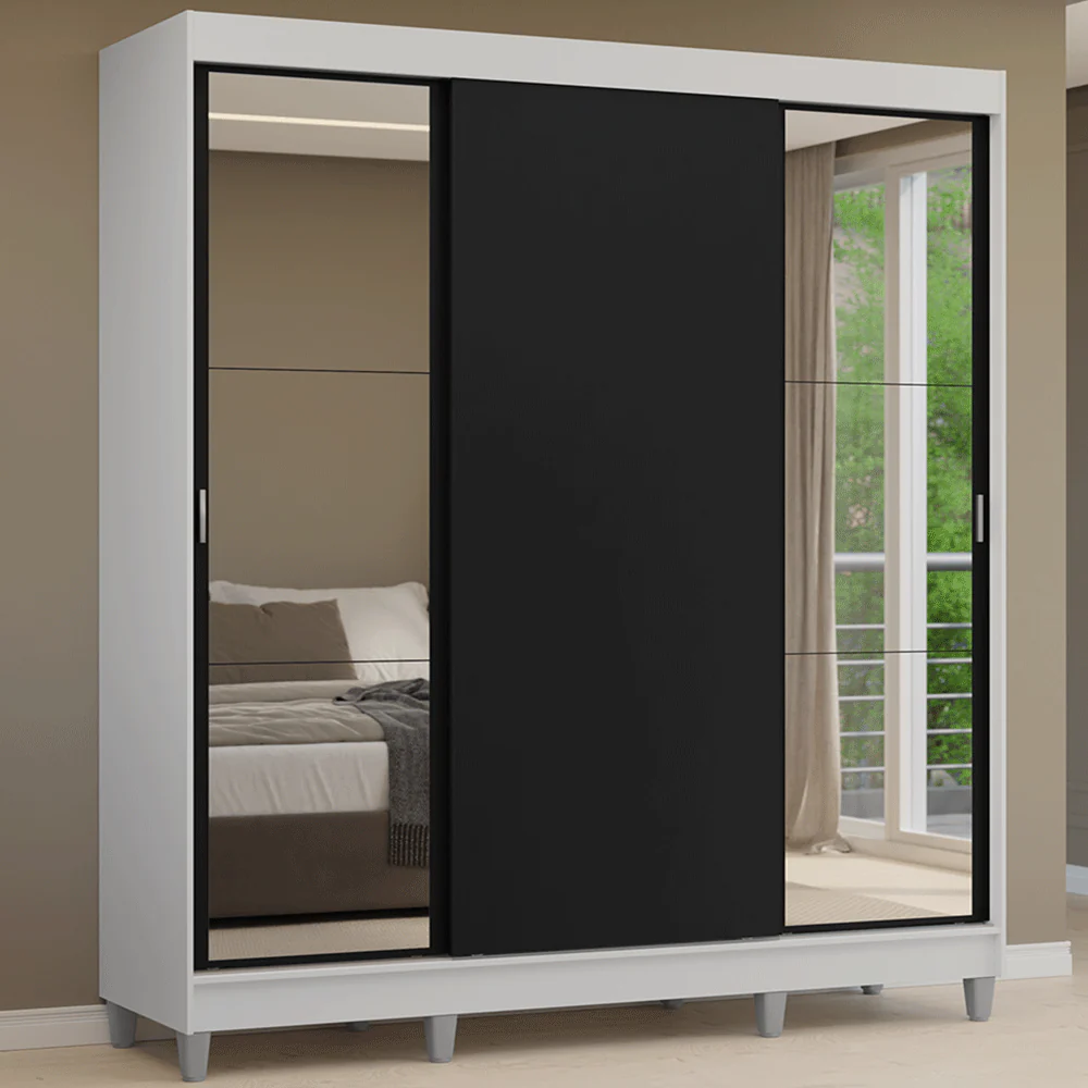 Guarda-Roupa Casal com Pés 3 Portas de Correr com Espelhos Branco/Preto Reno Madesa