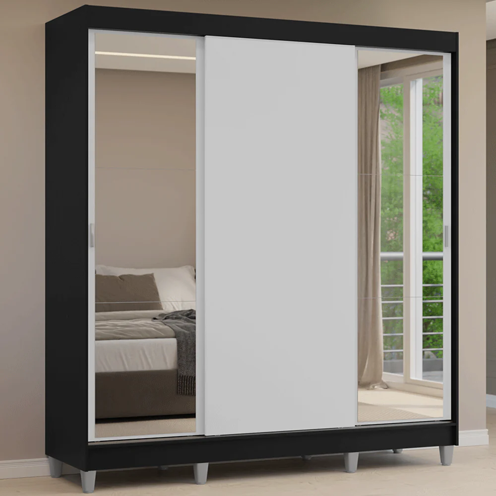 Guarda-Roupa Casal com Pés 3 Portas de Correr com Espelhos Preto/Branco Reno Madesa