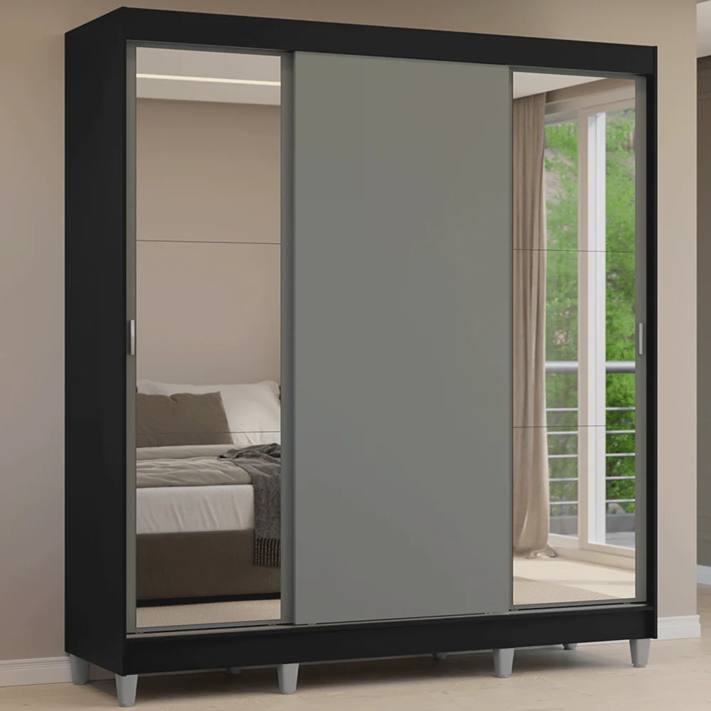 Guarda-Roupa Casal com Pés 3 Portas de Correr com Espelhos Preto/Cinza Reno Madesa