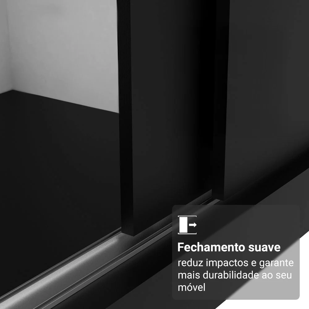 Guarda-Roupa Casal com Pés 3 Portas de Correr com Espelhos Preto Reno Madesa - Image 5
