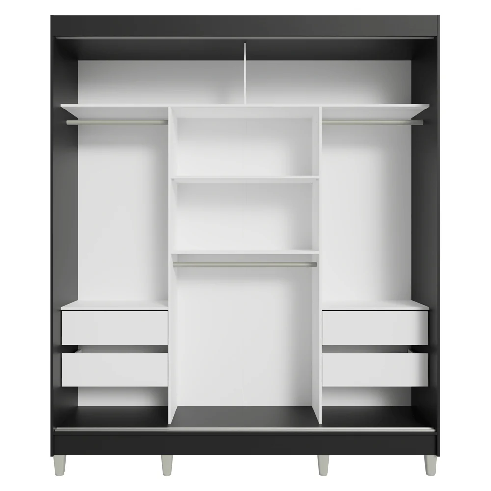 Guarda-Roupa Casal com Pés 3 Portas de Correr com Espelhos Preto Reno Madesa - Image 8